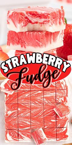 strawberry fudge pops are stacked on top of each other