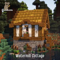 an image of a small cottage in the middle of some trees and water with text overlay that reads, watermill cottage