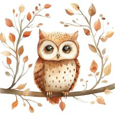 an owl is sitting on a branch with leaves around its neck and eyes are drawn in watercolor