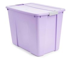 a purple plastic storage box on a white background