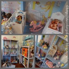 there are two pictures of the inside of a doll house with furniture and toys in it