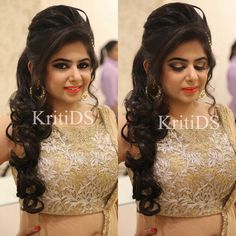 Pretty engagement makeup by KritiDS 💗 Indian Hair Style, Wedding Party Hairstyles, Retro Indian, Reception Hairstyles, Hairstyles For Gowns, Open Hair, Engagement Hairstyles, Engagement Makeup, Bridal Hairdo