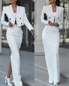 Striped Blazer Coat & Slit Skirt Set Woman Suit, Blazer And Skirt Set, Mode Casual, Striped Blazer, Looks Chic, Suit Fashion, Mode Inspiration, Summer Clothes, Elegant Outfit