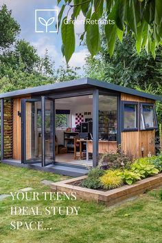 a garden room with the words your teens ideal study space on it's side