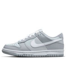 The Nike Dunk Low 'Pure Platinum Wolf Grey' is a stylish and timeless sneaker for kids. It features a two-tone grey colorway with a slightly darker neutral tone on the base, and a white Swoosh logo, laces, and midsole for a classic two-tone look. The rubber sole provides superior cushioning and support, making it perfect for everyday activities. Inspired by the classic Nike Dunk series, this sneaker is sure to be a timeless classic. (SNKR/Skate/Casual/Low Top) Gray Fade-resistant Basketball Shoes For Light Sports, Gray Lace-up Basketball Shoes With Translucent Outsole, Gray Low-top Fade-resistant Skate Shoes, Gray Basketball Shoes For Light Sports With Non-slip Sole, Gray High-top Fade-resistant Running Shoes, Gray Cushioned Basketball Shoes For Streetwear, Sporty Gray Fade-resistant Basketball Shoes, Gray Fade-resistant Sporty Basketball Shoes, Gray Low-top Basketball Shoes With Rubber Sole