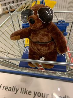 a teddy bear wearing sunglasses sitting in a shopping cart