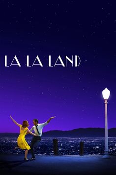 the poster for la la land shows a man and woman dancing in front of a night sky