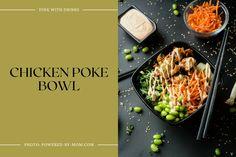 chicken poke bowl with chopsticks, peas and carrots next to it on a black surface