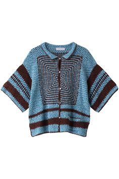 a blue and brown knitted sweater with an openwork design on the chest,