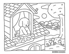 a coloring book page with a dog in the window and other things to color on it