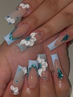 Multicolor  Collar    3D Nails Embellished   Nail,Hand & Foot Care Iced Out Nails, Summer Junk Nails, Summer Nails 3d Designs, 3 D Flower Nails, Cute Nails With Charms, Blue And White Acrylics, 3 D Nails Designs, Acrylic Flowers On Nails, Nails 3d Designs