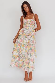 Shop the Provence Bloom Tiered Ruffle Maxi Dress Floral Maxi | Selfie Leslie Bridal Shower Guest Outfit, Cowboy Chic, Selfie Leslie, Maxi Dress Floral, Ruffle Maxi Dress, Iron Material, Signature Jewelry, Tiered Maxi Dress, Ruffled Maxi Dress