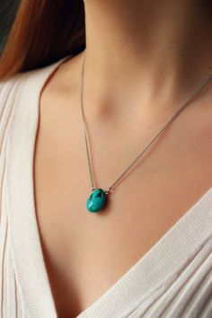 This feminine delicate necklace was made of natural turquoise stone drop bead and stainless steel chain with lobster claw. The chain is from lead free & nickel free metal. A wonderful jewelry for you or a great gift for someone special! The length of chain is about 46 cm or about 18 inches. Other necklaces of my shop you can see here: https://www.etsy.com/shop/NaTavelli?section_id=14843046&ref=shopsection_leftnav_5 Thanks for a visit. Teardrop Beaded Necklaces With Natural Stones, Gift Beaded Teardrop Turquoise Necklace, Gift Turquoise Beaded Teardrop Necklace, Gift Teardrop Beaded Turquoise Necklace, Gift Turquoise Teardrop Beaded Necklace, Turquoise Necklace With Round Beads For Gift, Teardrop Beaded Necklace For Gift, Turquoise Pearl Necklace As A Gift, Single Strand Necklace With Teardrop Pendant For Gift