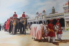 an oil painting of men and elephants in front of a building with people standing around