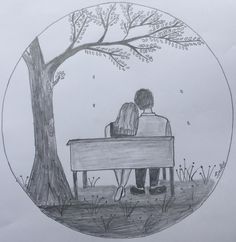 a drawing of two people sitting on a bench under a tree