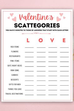 valentine's scategories game with hearts on the top and words above it