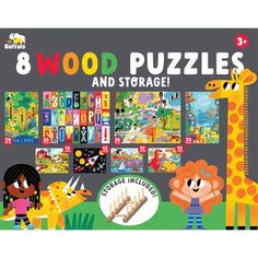 the children's wooden puzzles are in front of a giraffe and other animals