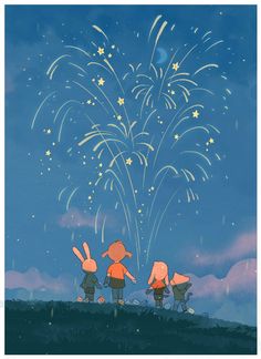 two people watching fireworks in the sky with one person looking up at them and holding hands