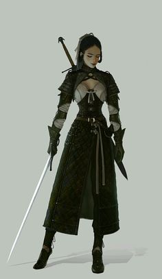 a woman dressed in black and white holding two swords