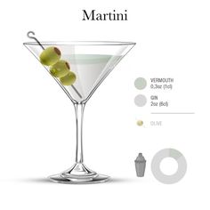 a martini glass with olives in it next to the ingredients for an alcoholic drink