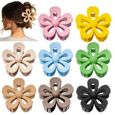 🌸【2023 LATEST DESIGN】 Flower hair claw clips use interlocking teeth design, it can hold your hair tightly, won't fall off easily, and don't damage your hair, 8 Favorite Colors Matte Clips not only embellishes your hair but also achieves graceful and sweet temperament, make you charmer and elegant Flower Claw Clips, Dunner Wordend Haar, Decorative Hair Clips, Banana Hair Clips, Accessories Aesthetic, Aesthetic Color, Claw Hair Clips