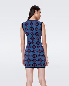 The Mylo mini dress is crafted from a cotton-blend jacquard. This sleeveless piece has a high neck, contrasting trim, and a close fit, falling above the knee. As the weather cools, add the matching Petey cardigan to complete the look.Yu-en is 5 Foot and 7 Inches and wearing a size XS. Fitted Mini Dress In Jacquard Knit, Fitted Jacquard Knit Mini Dress, Fitted Mini Dress With Jacquard Knit, Wrap Dress Dvf, Knit Jacquard, Knit Wrap Dress, Midi Wrap Dress, Contrasting Trim, Jacquard Dress