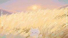 a painting of a cat sitting in the middle of a field with tall grass at sunset