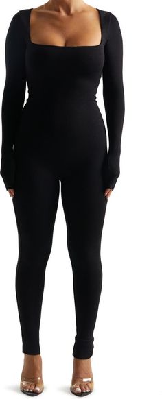 Naked Wardrobe Square Neck Long Sleeve Jumpsuit | Nordstrom Long Sleeve Seamless Elastane Bodysuit, Seamless Long Sleeve Elastane Bodysuit, Bodycon Elastane Unitard, Casual Elastane Unitard For Loungewear, Bodycon Elastane Bodysuit For Loungewear, High Stretch Full Length Elastane Unitard, High Stretch Elastane Unitard With Thumbholes, Full-length Tight Elastane Unitard, Chic Long Sleeve Jumpsuits In Elastane