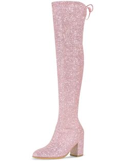 Shop Allegra K for women's glitter round toe chunky heel over the knee high boots you are looking for, get more women's chunky heel for yourelf. Order now! Free Returns! Western Dress With Boots, Evening Heels, Fashion Elements, Shiny Fabric, Womens Chunky Heels, Rubber Boot, Closed Toe Shoes, Heel Design, Timberlands Women