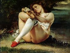 a painting of a woman sitting on the ground with her legs crossed and wearing red shoes