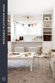 a baby's playroom with toys and bookshelves