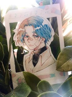 a drawing of a person with blue hair in front of some plants and green leaves