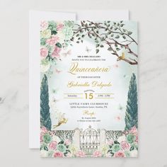 an elegant quinceaue wedding card with flowers, trees and birds on it