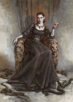 a painting of a woman sitting in a chair with a snake on the floor next to her