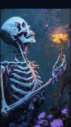 a painting of a skeleton holding a flower in it's hand and looking at the sky