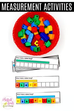 a red bowl filled with colorful legos next to two matching numbers and the words measurement activities