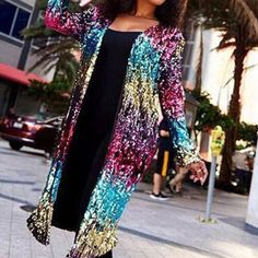 Top Seller for Womens Gradual Colorful Sequin Long Sleeve Coat Party Jacket Clubwear Overcoat, Womens jacket Trenchcoat Style, Tiki Fashion, Mode Mantel, Sequin Cardigan, Trench Coat Style, Long Coat Women, Sequin Jacket, Long Sleeve Sequin, Clothes Women