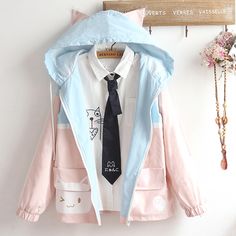 Cute little fresh cute cat pocket colorblock coat · Harajuku fashion · Online Store Powered by Storenvy Спонж Beauty Blender, Kawaii Jacket, Kawaii Hoodie, Loose Jacket, Cute Coats, Kawaii Fashion Outfits, Jacket Fashion, Hooded Cardigan, Long Sleeves Coats