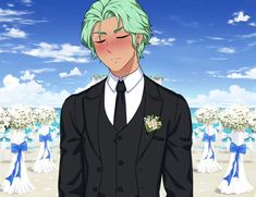 a man with green hair wearing a black suit and white shirt in front of blue sky