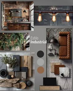 the interior of an industrial style kitchen and living room is shown in gray, black, brown