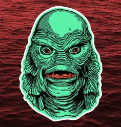 an alien head sticker with red water in the background