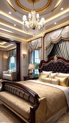 a large bed sitting under a chandelier in a bedroom next to a window