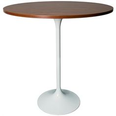 a round table with a wooden top and white base, viewed from the front view