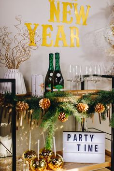 a new year's eve party with champagne and pine cones