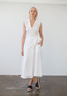 Shawl Collar Dress, Wrap Dress Sleeveless, Linen Wedding Dress, Dress Shawl, Natural Linen Dress, Linen Wrap Dress, Classic Capsule Wardrobe, Sleeveless Linen Dress, Sleeveless Wrap Dress