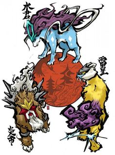 an image of three different animals on top of each other with chinese characters in the background