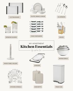 the kitchen essentials are displayed in this graphic style, including dishes and utensils