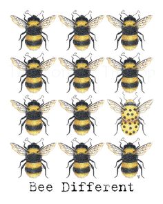 a group of bees with the words bee different written on them in black and yellow