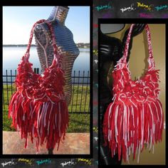 "Red fringe Handbag,Valentine day Bag,Striped Fringe Purse, Fringe Handbag,Hippie,Boho,Custom Made,One Of A Kind,Funky,Tote,Purse,Handbag This Rag Handbag is Handmade by re-purposing strips of fabric, so no two Rag Bags will ever be the same. WARNING: If you don't like to stand out in the crowd then these items may not be for you!! These unique Rag Bags are guaranteed to turn heads and make all eyes on you! Colors are shades of Reds and whites. If you need anymore info on the bags just drop us a Red Rectangular Bag With Fringe, Red Tassel Shoulder Bag For Everyday Use, Red Beach Bag With Tassels, Red Bohemian Shoulder Bag With Tassels, Red Bags With Tassels For Festival, Bohemian Red Crochet Tote Bag, Valentines Day Bags, Red Fringe, Fringe Handbags