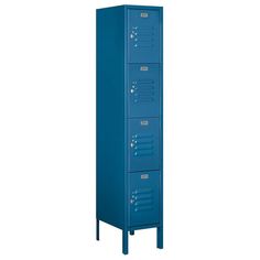 a tall blue locker with four doors on the front and two drawers on the back